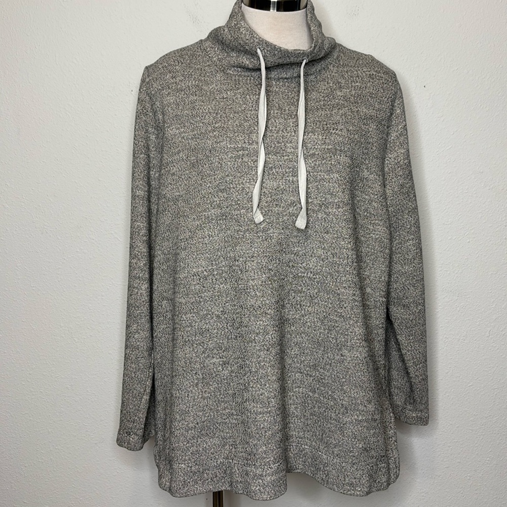 AVA & VIV 1X Gray Sweater Metallic Thread Cowl Neck Long Sleeve Drawstring Neck